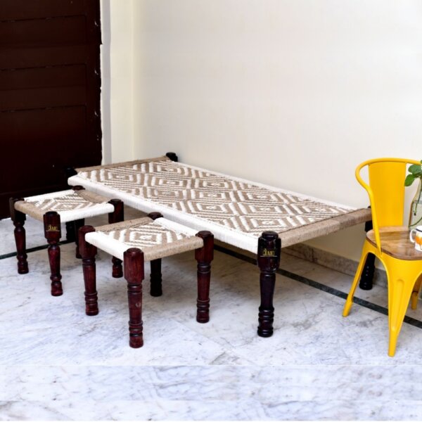 Rajasthani Wooden Khatiya Khaat with Two Stools (White Jute) | Charpai Khatiya, Online in India | Wooden Charpai | Handwoven Furniture Online in India | JAE Furniture