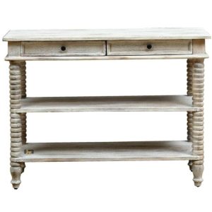 Introducing the Amek Wooden Console Table, a masterpiece crafted from the finest solid wood, cloaked in a charming white distressed finish. Solid Wood Furniture | Solid Wood Tables | Wooden Living Room Furniture