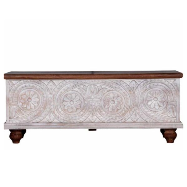 Crafted from high-quality solid wood, the Watea Wooden Storage Trunk cum Coffee Table exudes durability and longevity. Its sturdy construction ensures lasting use, providing you with a reliable piece of furniture that will withstand the test of time. best wooden trunk box | buy wood coffee table online | Wooden Antique Furniture | Wooden Carved Furniture | JAE Furniture