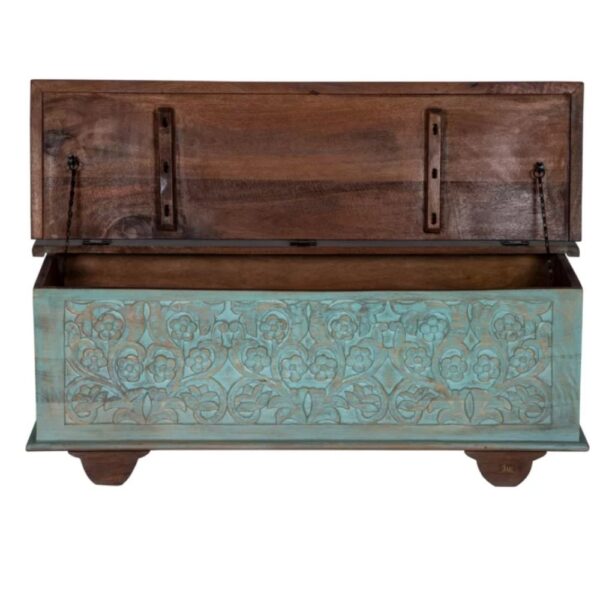 The Teba Wooden Storage Trunk cum Coffee Table offers ample storage space for your living room essentials. wooden trunk box | wood coffee table | JAE Furniture | Antique Wooden Furniture | Carved Wooden Storage Furniture