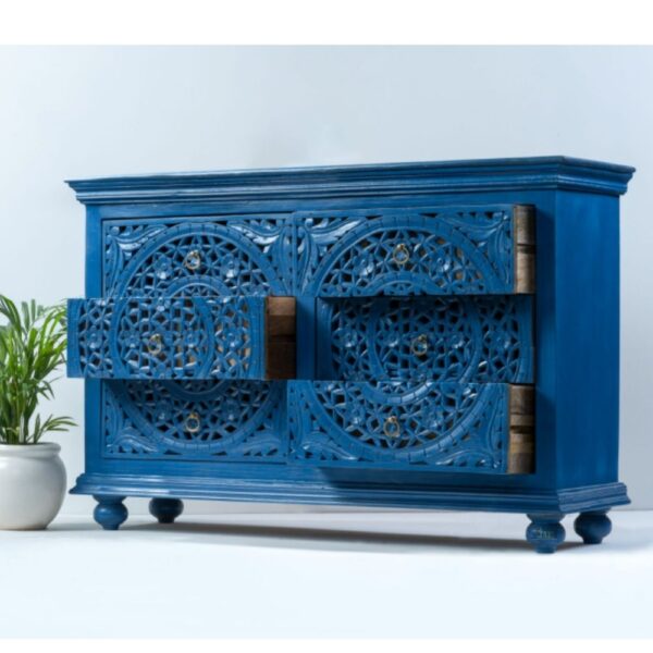 Unique dark blue finished wooden chest of drawers crafted from sustainable solid wood. | buy wood sideboard cabinet for living room | wooden storage furniture online | handcrafted furniture | wooden carved furniture | Ample Storage | JAE Furniture