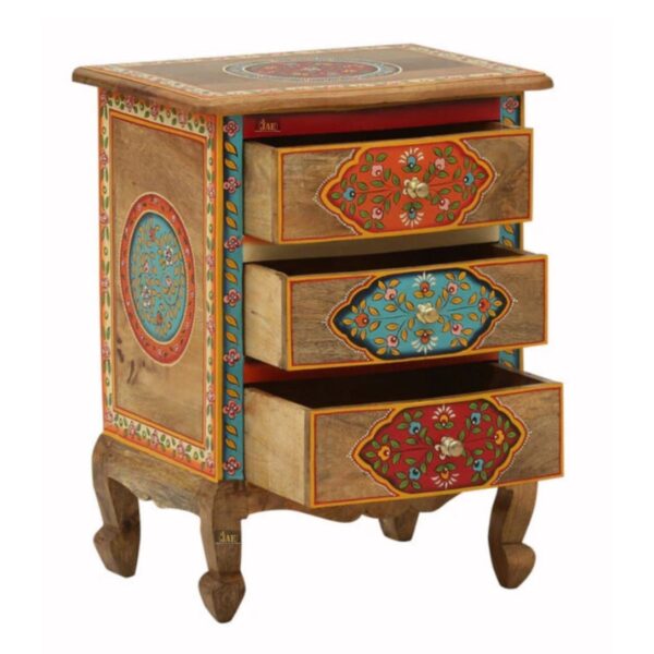 Handpainted Itia Wooden Side Table - Drawers Open - Ample Storage & multi purpose | buy sofa side tables for living room | premium wooden bedside tables online | wooden bedside table online | bedside furniture | wooden bedside | handpainted furniture | JAE Furniture