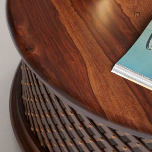 Sheesh Wooden Round Jali Teapoy Coffee Table (Teak) - Detailed Image - wood coffee table for living room | carved furniture | teak furniture | solid wood furniture | JAE Furniture