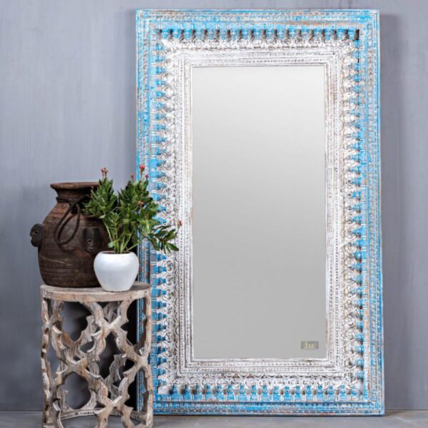 Bia Wooden Carved Mirror Frame (Light Blue Distress) | wood carving mirror frame | JAE Furniture