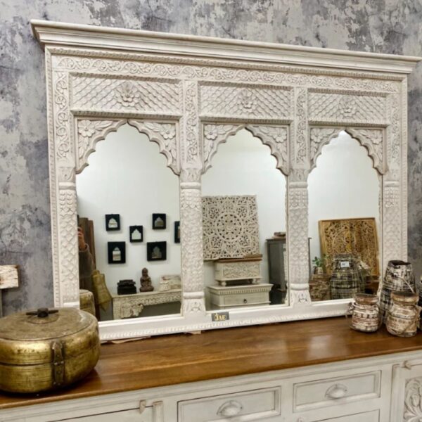 Handcrafted distressed white wooden mirror frame made from solid wood | wood frame mirror in India | wooden frame mirror | wood carving mirror frame | antique wooden mirror frame | JAE Furniture