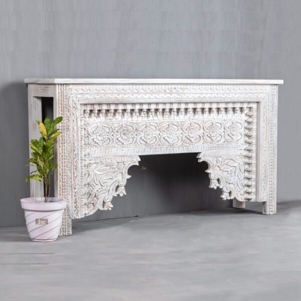 Calian Wooden Carved Console Table (White Distress) | wood console table | JAE Furniture