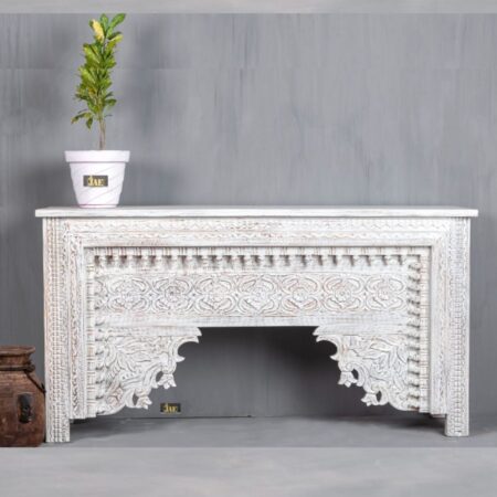 White distressed wooden console table with carved details crafted from solid wood | carved wooden furniture | handcrafted furniture | antique furniture | JAE Furniture