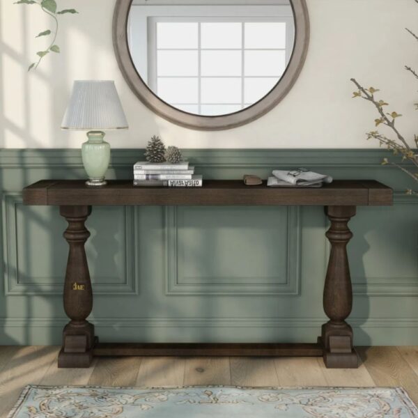 ivory pedestal console table with natural tabletop