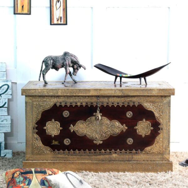 Hunika Wooden Brass Fitted Trunk Storage Pitara Coffee Table | wood coffee table | best wooden trunk box | JAE Furniture