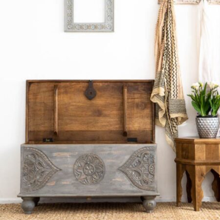 Buy Devin Wooden Carved Storage Trunk Cum Coffee Table (Grey Distress) Online in India | wood coffee table for living room | wooden trunk | JAE Furniture