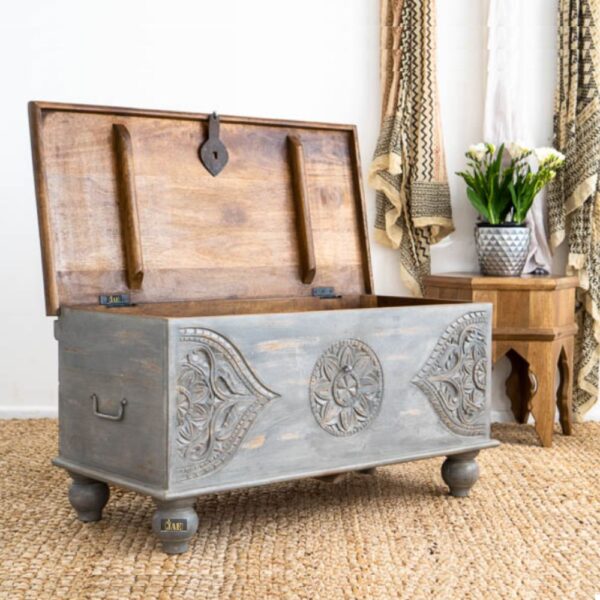 Devin Wooden Carved Storage Trunk | Devin Wooden Carved Storage Trunk Cum Coffee Table (Grey Distress) | wooden carved coffee table | Living room furniture online in India at best prices | Solid wood carved furniture online in India | JAE Furniture