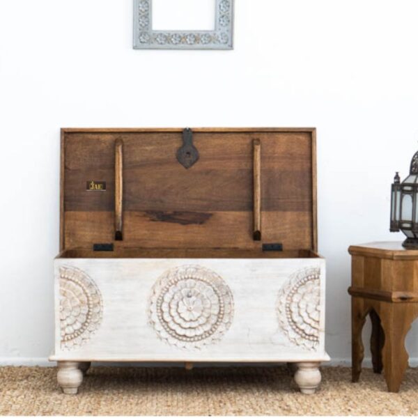 Rafi Wooden Storage Trunk cum Coffee Table (White Distress) | wood coffee table | wooden trunk box | JAE Furniture