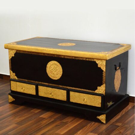 Jade Wooden Brass Fitted Storage Pitara Trunk | buy wooden trunk box in India | solid wood coffee table | JAE Furniture