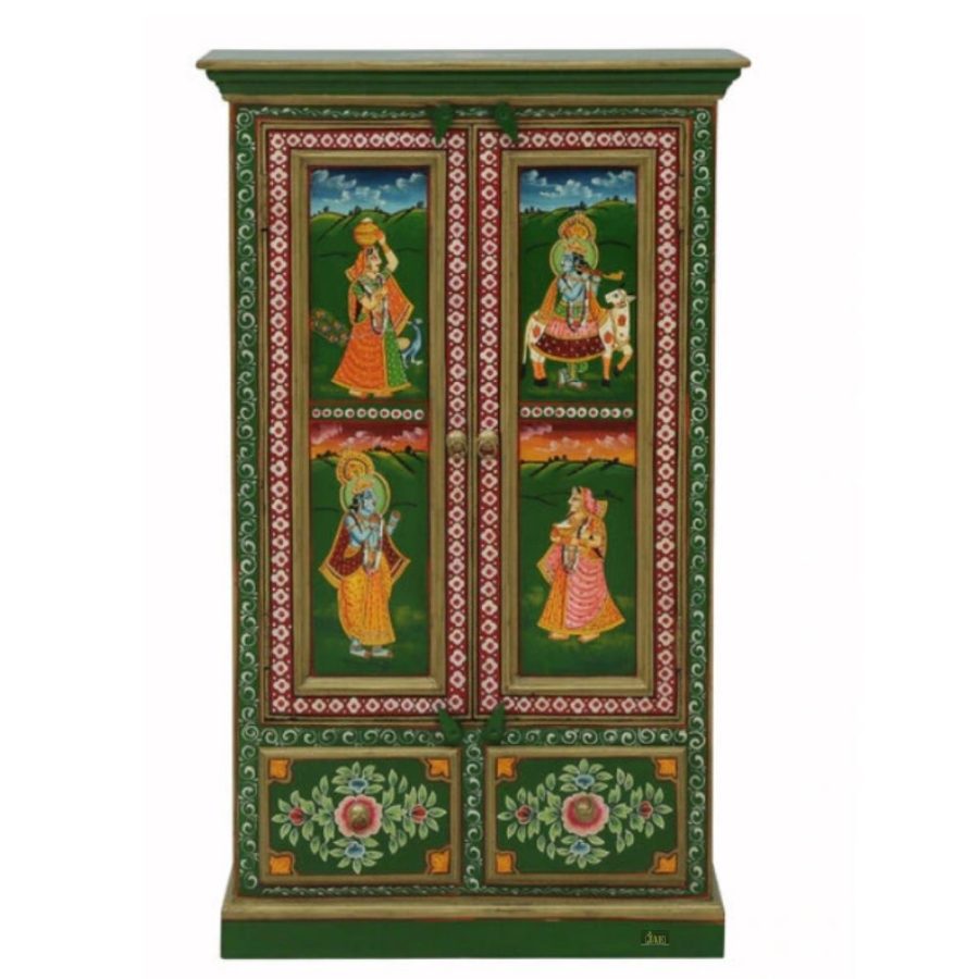 Radha Krishna Wooden Handpainted Cupboard Almirah | best bedroom cupboards online | JAE Furniture