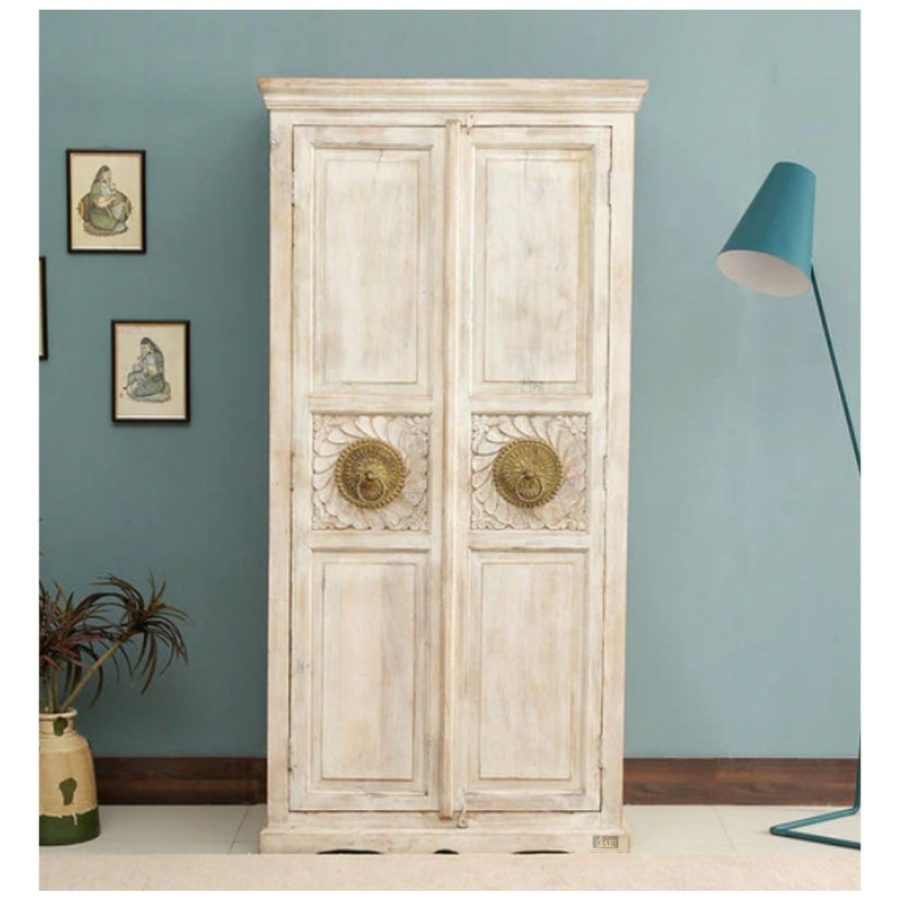 Satie Wooden Wardrobe for Storage (White Distress) | best modern wooden wardrobe online | JAE Furniture