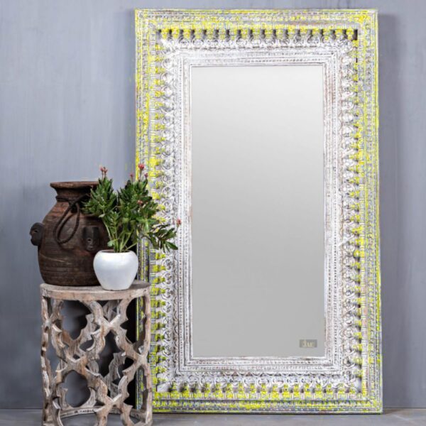 Bia Wooden Carved Mirror Frame (Yellow Distress) | buy wood frame mirror for home decor | JAE Furniture