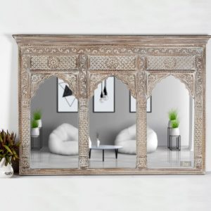 Jharo Wooden Carved Mirror Frame Jharokha (Brown Distress) | wood carving mirror frame online | JAE Furniture