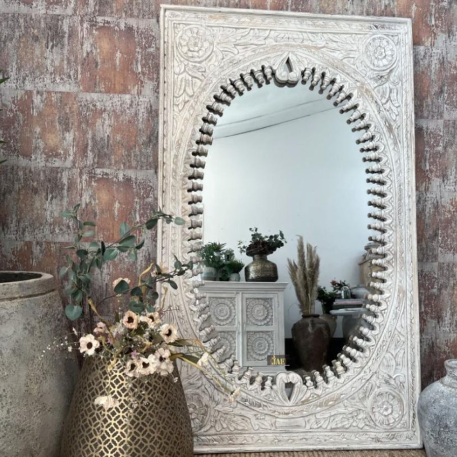Ania Wooden Mirror Frame (White Distress) | buy wood frame mirror for bedroom | JAE Furniture