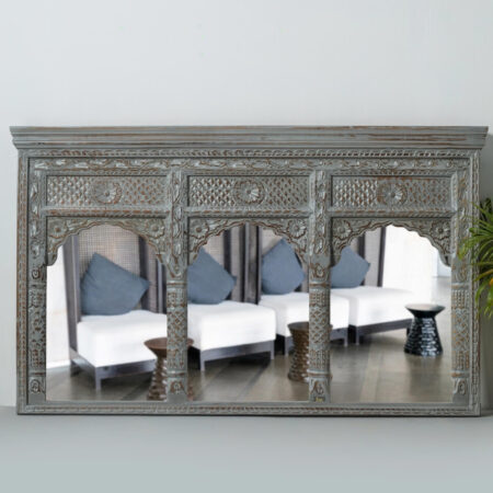 Jharo Wooden Carved Mirror Frame Jharokha (Grey Distress) | best wood frame mirror online | JAE Furniture