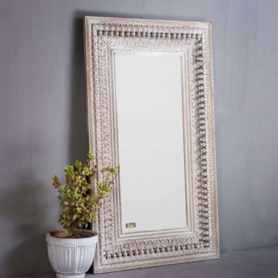 Bia Wooden Carved Mirror Frame (White Distress) | wood carving mirror frame | wooden mirror frame for bedroom | wooden carved furniture for interiors | JAE Furniture