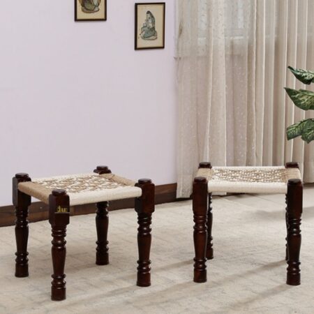 Uva Wooden Woven Seating Stools Pidha (White Jute) Set of Two | buy wooden stool online | JAE Furniture