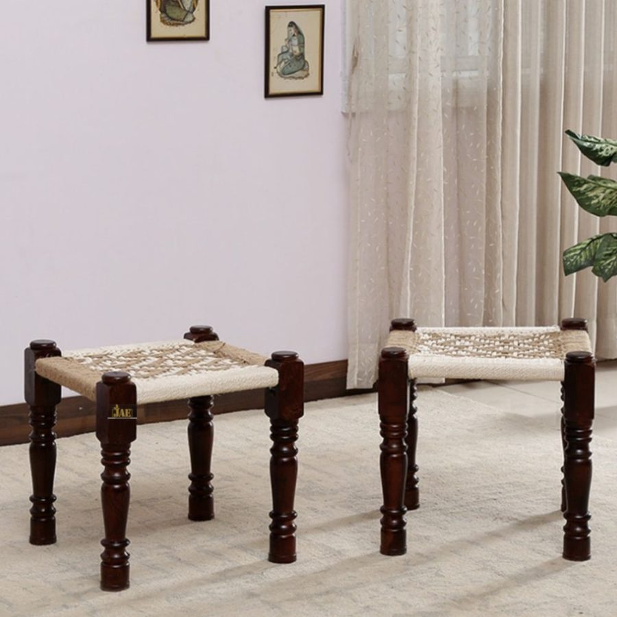 Uva Wooden Woven Seating Stools Pidha (White Jute) Set of Two | buy wooden stool online | JAE Furniture