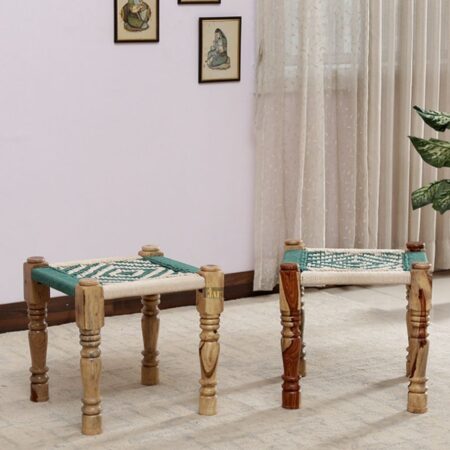 Uva Wooden Woven Seating Stools Pidha in Natural Finish (Green White) Set of Two | best wooden stool online in India | JAE Furniture