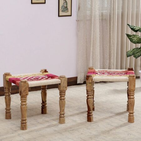 Uva Wooden Woven Seating Stools Pidha in Natural Finish (Colorful) Set of Two | wooden stool online | JAE Furniture