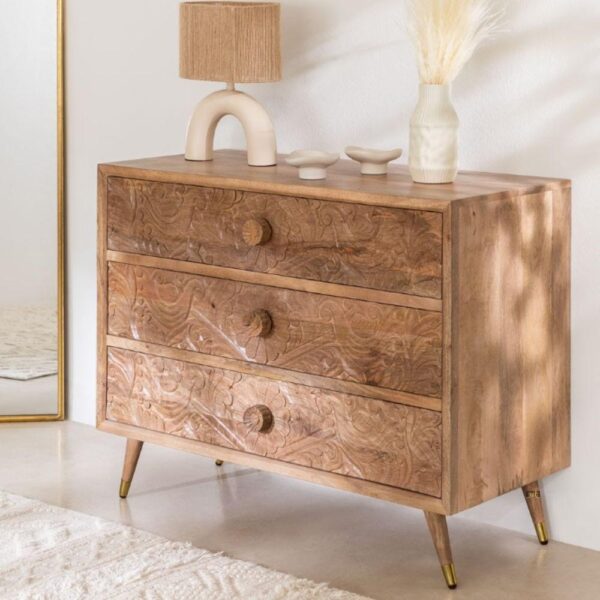 Fulera Wooden Carved Chest of Drawers (Natural) | Buy Wooden Chest of Drawers Online in India | Buy Wooden cabinet sideboard Online in India | Carved cabinet for living room | Buy wooden sideboards online | Solid Wood Furniture | JAE Furniture