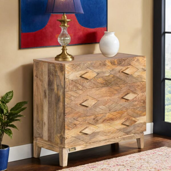 Inara Wooden Carved Chest of Drawer (Natural) | Buy wooden sideboard online in India | Wooden cabinet sideboar | , Carved cabinet for living room | Solid wood storage furniture online | JAE Furniture