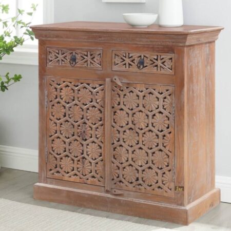Jiva Wooden Carving Cabinet in Distress Finish | buy wooden cabinet online in India | Solid Wood Furniture Online in India | Wooden Cabinet for living room | Wooden Cabinet sideboard for dining room | JAE Furniture