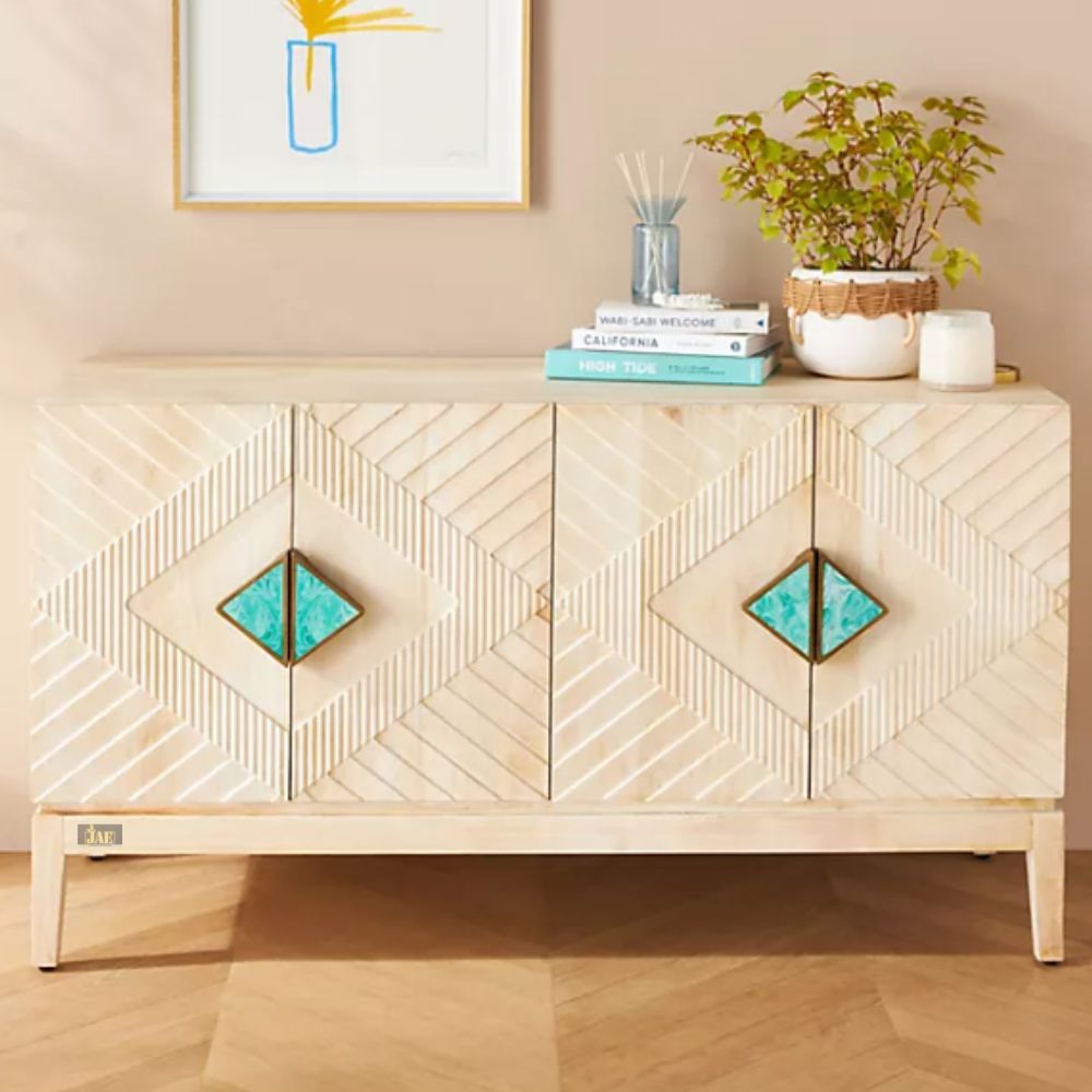 Eisth Wooden Modern Designer Sideboard (White Distress) | buy wood sideboard cabinet online | storage furniture for dining room | wooden crockery unit online | JAE Furniture