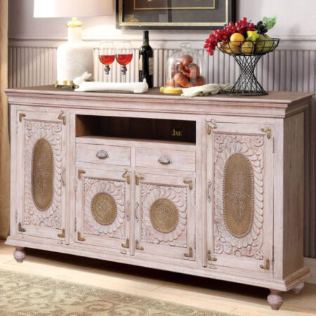 Rika Wooden Brass Fitted Sideboard (Cream) | Wooden Sideboard for Dining Room | Wooden Storage Furniture Online in India | Wooden Crockery Units | Premium Solid Wood Furniture Online | JAE Furniture