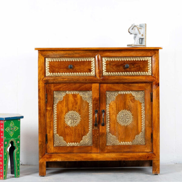Wooden Brass Fitted Cabinet for storage | handcrafted solid wood furniture | wooden cabinet for living room online in India | Solid wood furniture online in India | JAE Furniture
