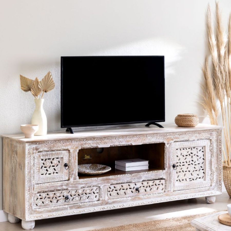 Yema Wooden Carved Distress Entertainment Unit | buy wooden tv cabinet online | JAE Furniture