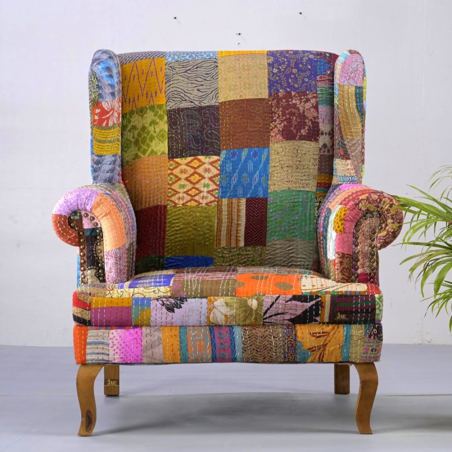 Rajdhani Wooden Mix Patchwork Sofa | buy wooden sofa chair | single sofa online | JAE Furniture