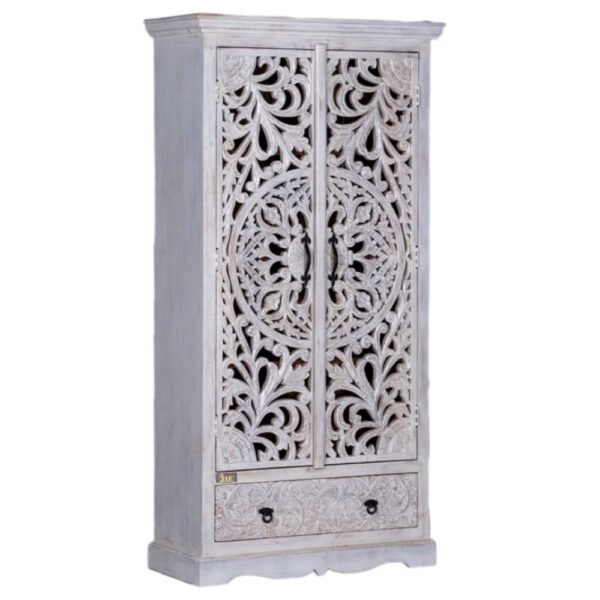 Ining Wooden Carved Wooden Wardrobe Almirah (White Distress) | modern wooden wardrobe online | JAE Furniture