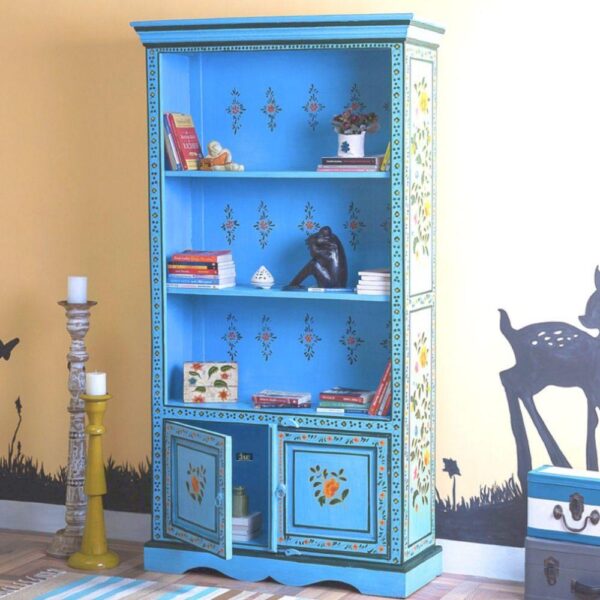 Shimoy Wooden Handpainted Book Shelf (Blue) | buy solid wood bookshelf with doors online | JAE Furniture