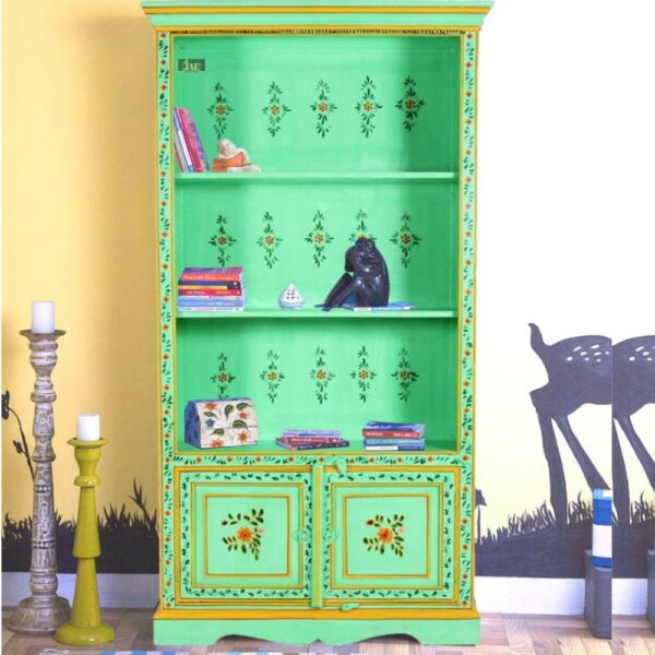 Shimoy Wooden Handpainted Book Shelf (Green) | solid wood bookshelf with doors | JAE Furniture