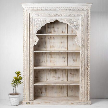 Aaina Wooden Distress Carved Book Shelf | solid wood bookshelf online | JAE Furniture