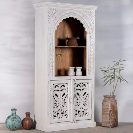 Sartha Wooden Distress Carved Book Shelf With Cabinet | buy solid wood bookshelf with doors online | JAE Furniture
