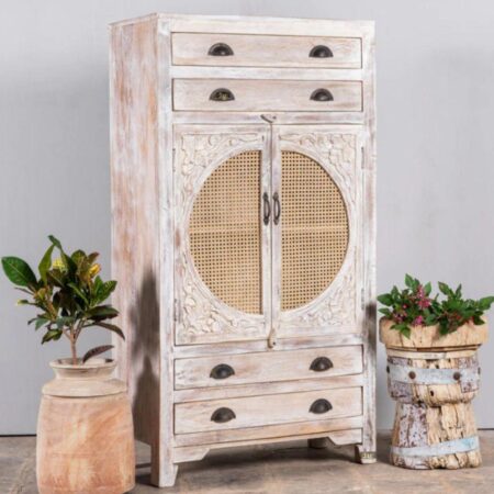 Guler Wooden Rattan Cupboard with Drawers in Distress Finish (White Distress) | buy bedroom cupboards online | JAE Furniture