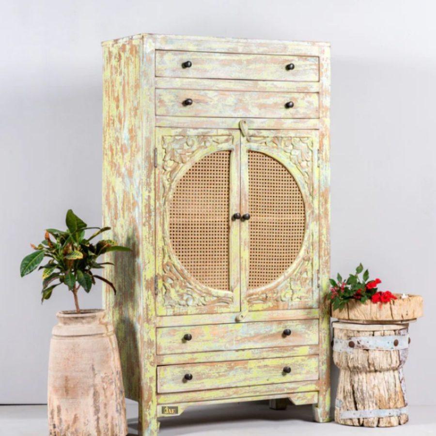 Guler Wooden Rattan Cupboard with Drawers in Distress Finish (Rustic) | best quality bedroom cupboards online | JAE Furniture