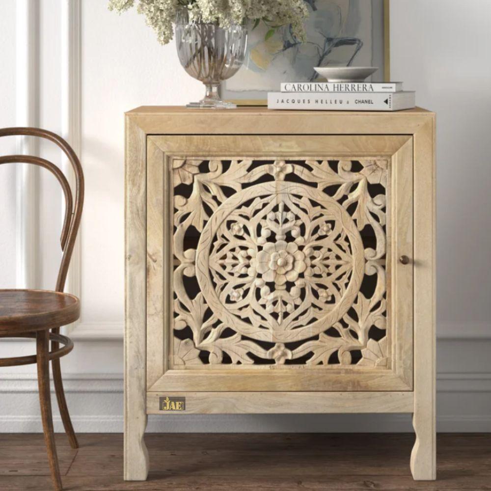 Yepa Wooden Carved Side Table | wooden bedside table online | sofa side tables in India | JAE Furniture