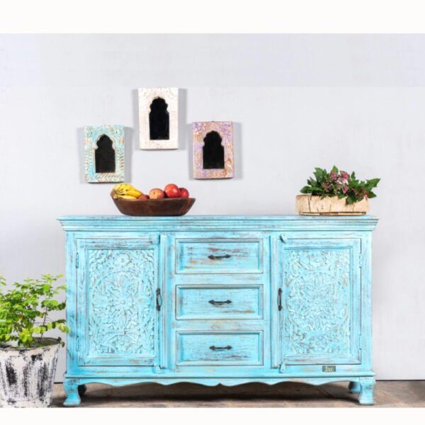Jacko Wooden Carved Sideboard Cabinet (Blue) | crockery unit online | wood sideboard cabinet | JAE Furniture