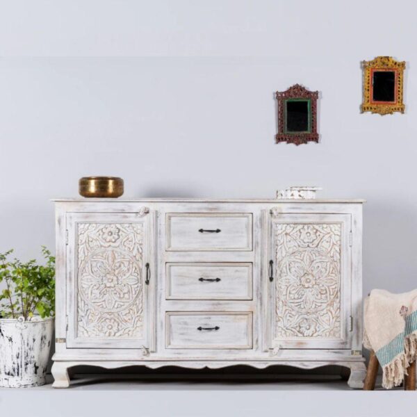Jacko Wooden Carved Sideboard Cabinet (White Distress) | wooden crockery cabinet | wooden drawer cabinet | JAE Furniture