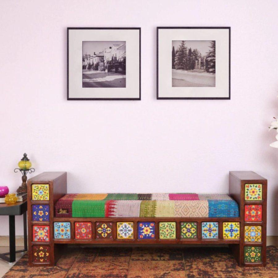 Mohan Wooden Tile Mosaic Sofa with Patchwork Cushion | buy wooden sofa online | best diwan sofa | JAE Furniture