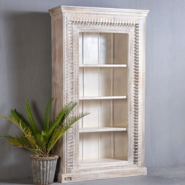 Utiva Wooden Carved Book Shelf Display Unit (White Distress) | best solid wood book shelf online | JAE Furniture