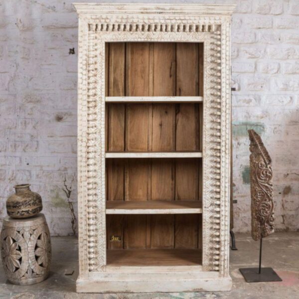Utiva Wooden Carved Book Shelf Display Unit (White Antique) | premium solid wood bookshelf online | JAE Furniture