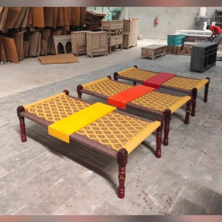 Rajasthani Wooden Khatiya Khaat with Plank (Yellow Brown) | charpai khatiya set for backyard | JAE Furniture Rajasthani Wooden Charpai, Bench and 2 Stools Set (Multicolor) | Rajasthani Charpai Set
